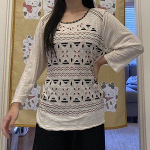 Lucky Brand XL Ivory White 3/4 Sleeve Embroidered Shirt With Button-lined Back